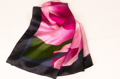Pink and green silk scarf with botanical floral pattern by Aria Dolce