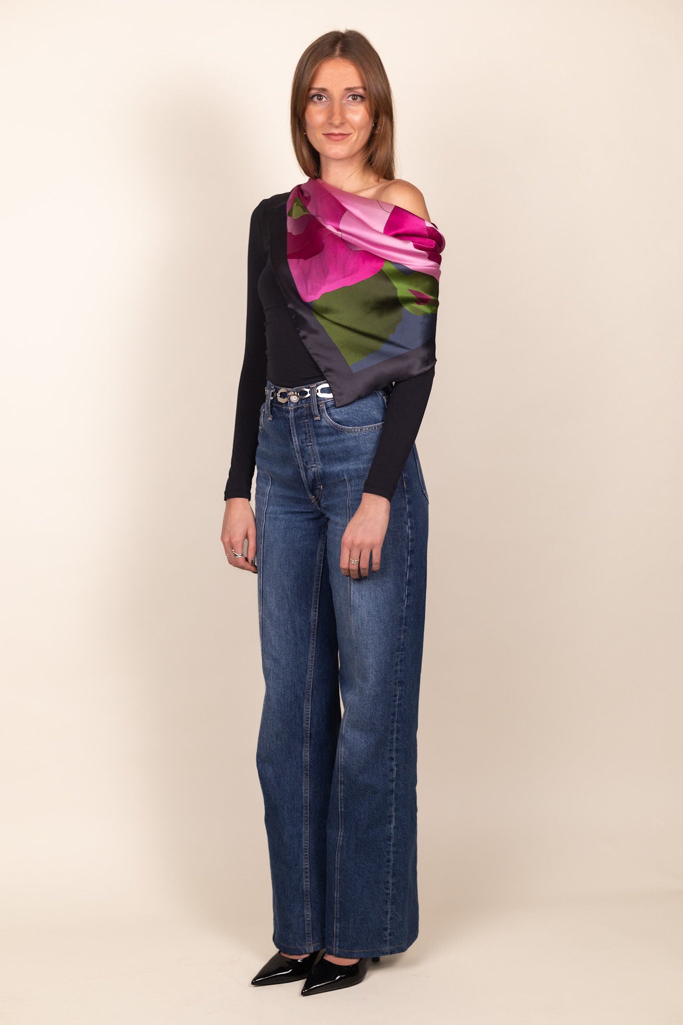 Luxury floral scarf styled with modern outfit for everyday elegance