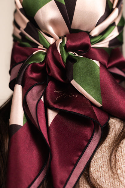 Chevron scarf styled as headscarf showing geometric pattern detail