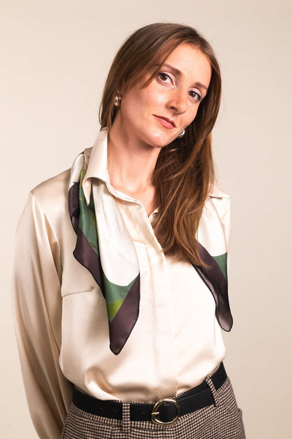 Green silk scarf with white lilies draped over shoulders