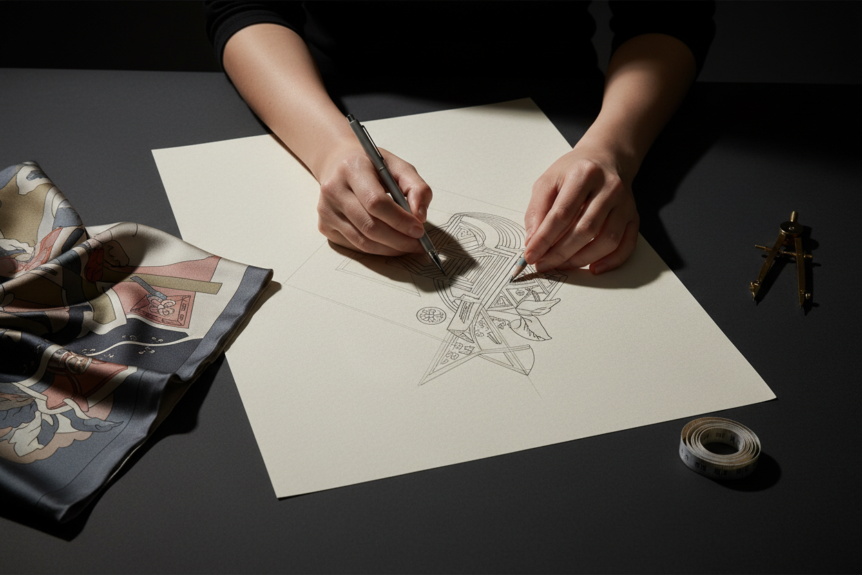 Person drawing intricate designs on paper with a pen, surrounded by art supplies on a dark surface.