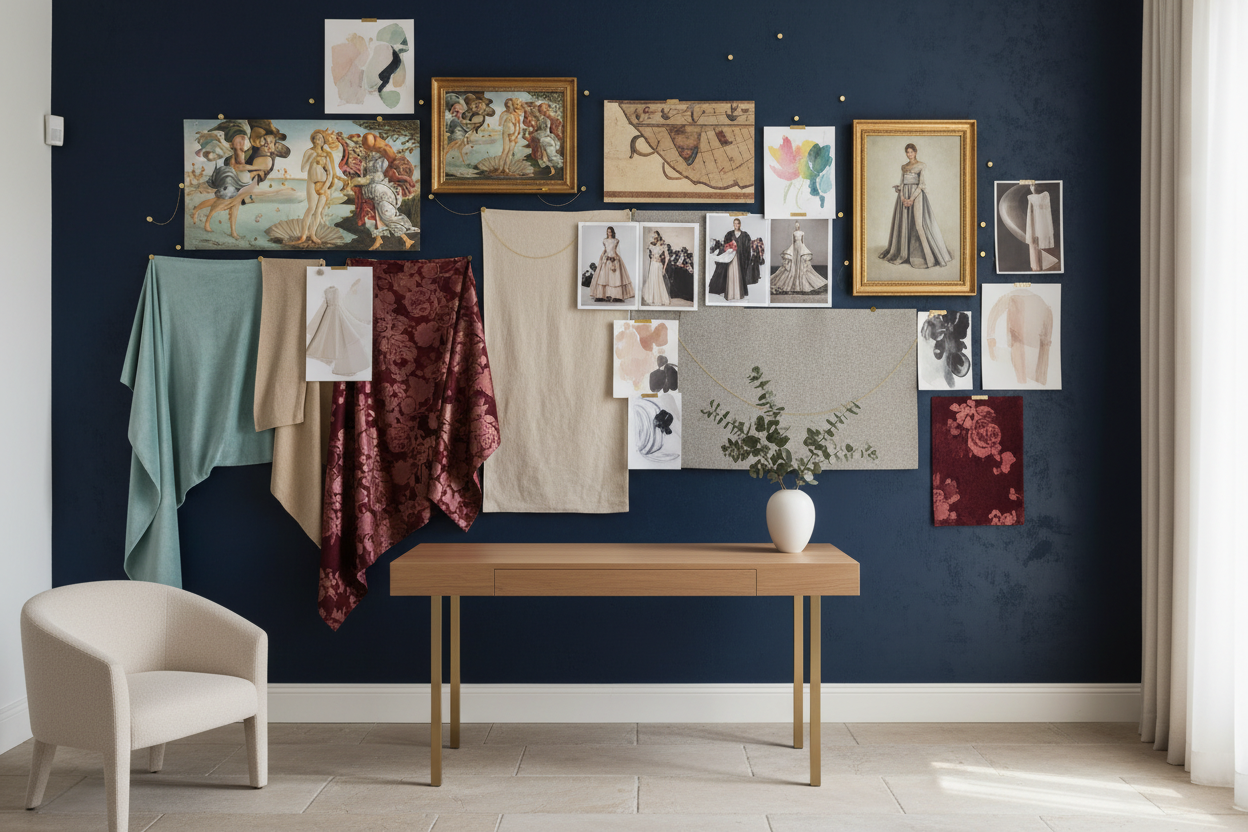 Home office with design wall of a mood board, fabrics, paintings and contrasting colors. Has a desk with flowers and a ivory chair.