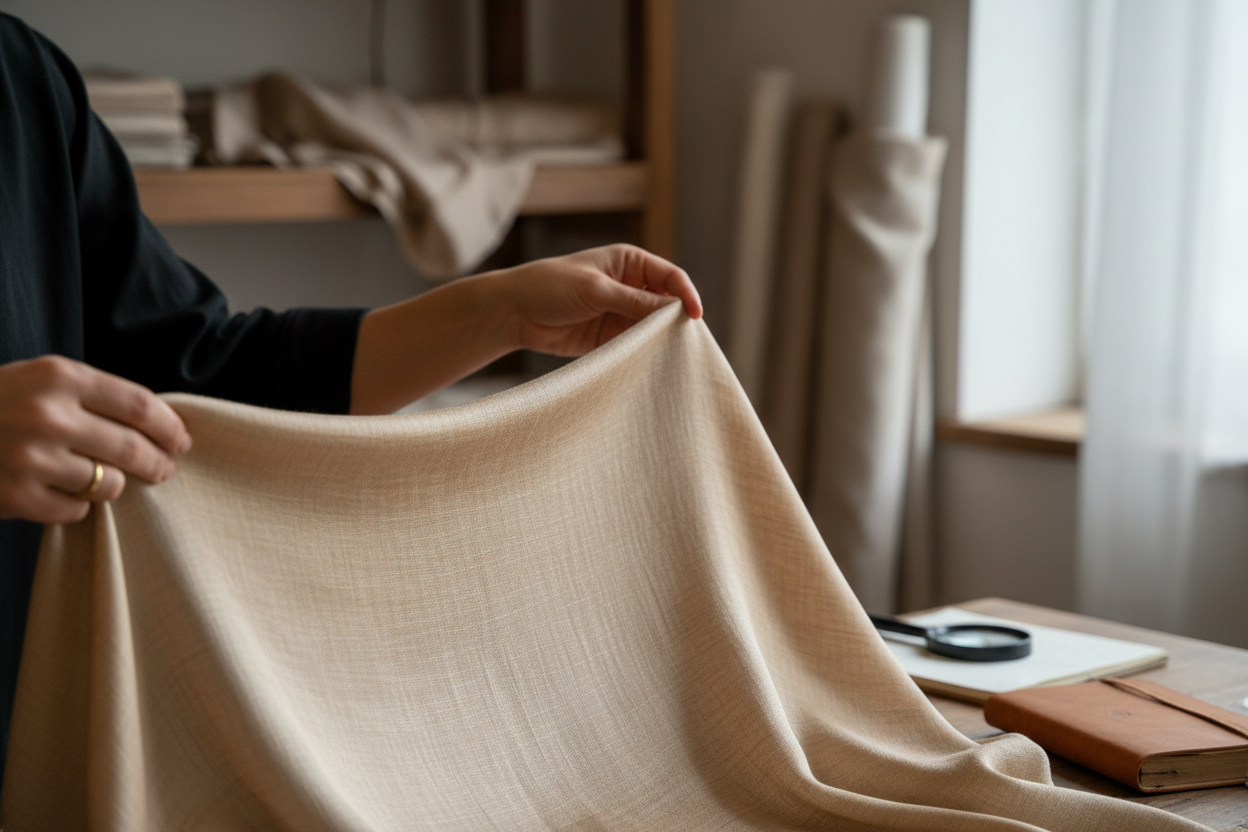 Person holding and examining a beige fabric in a room with a table and window in the background