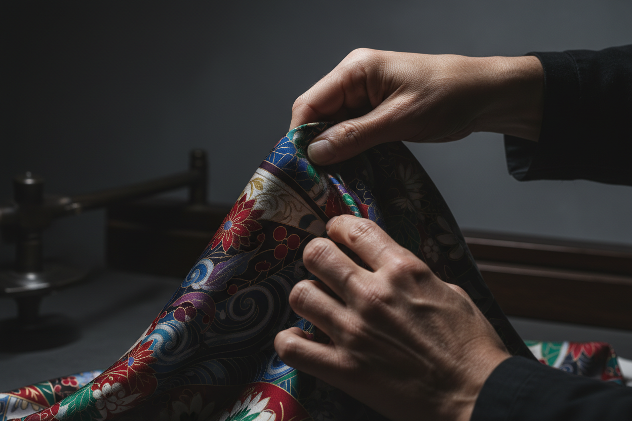 Hands holding a piece of colorful fabric with intricate patterns inspecting it against a dark background